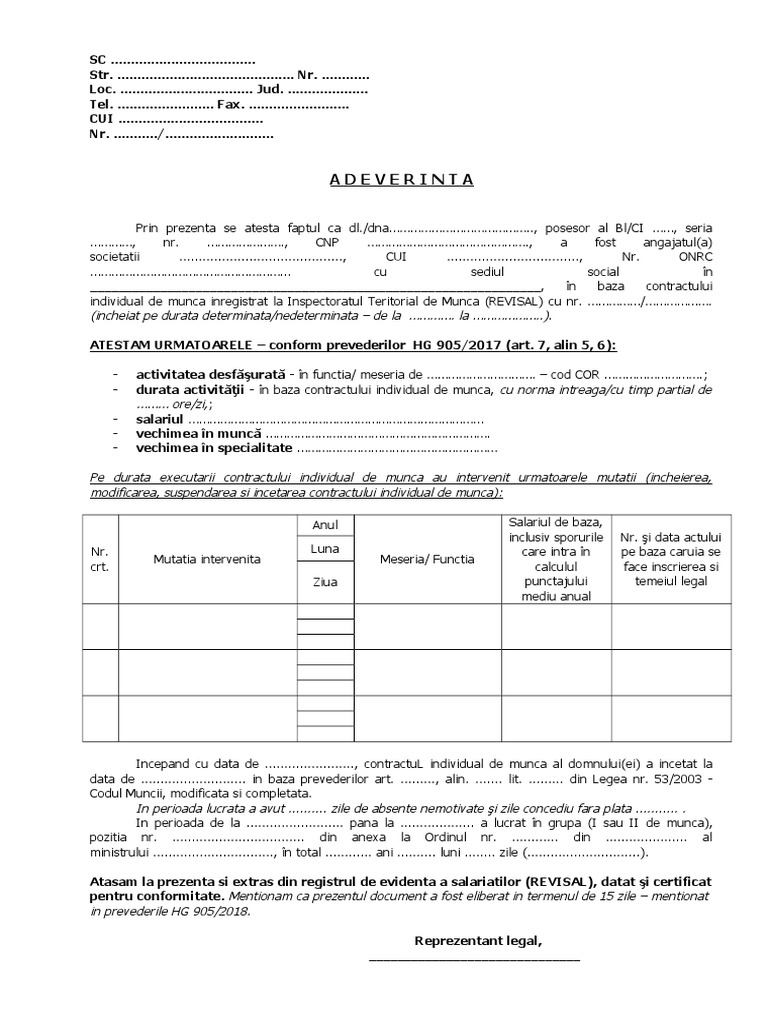 Adeverinta Vechime 2018 HG 905 PDF