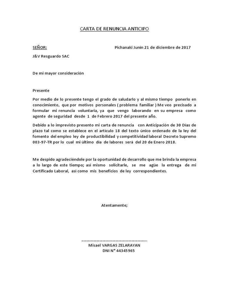 Carta de Renuncia Anticipo