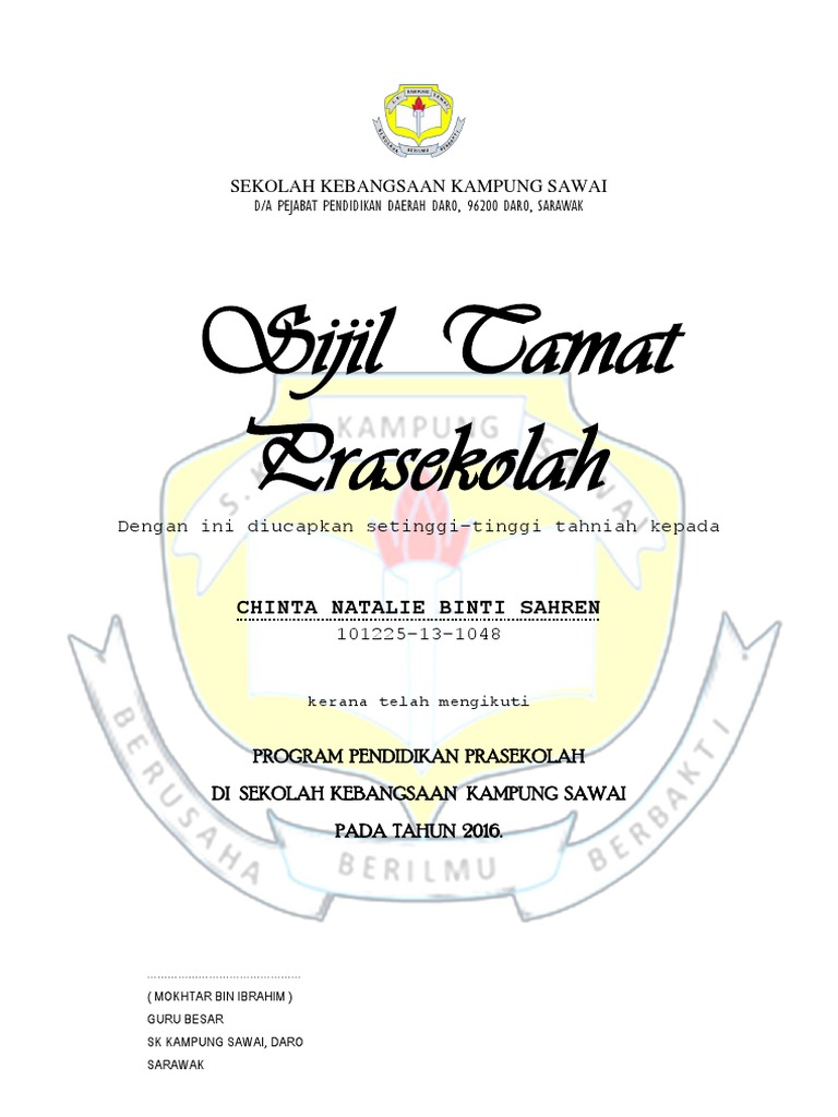 sijil tamat prasekolah