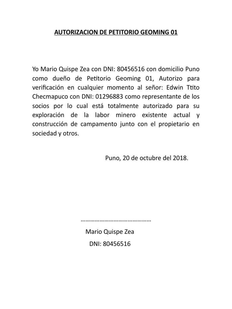 Autorizacion de Petitorio Geoming 01 | PDF | Ciencias sociales | Derecho