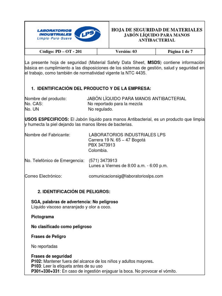 Hoja de Seguridad Jabon Liquido para Manos Antibacterial PDF PDF
