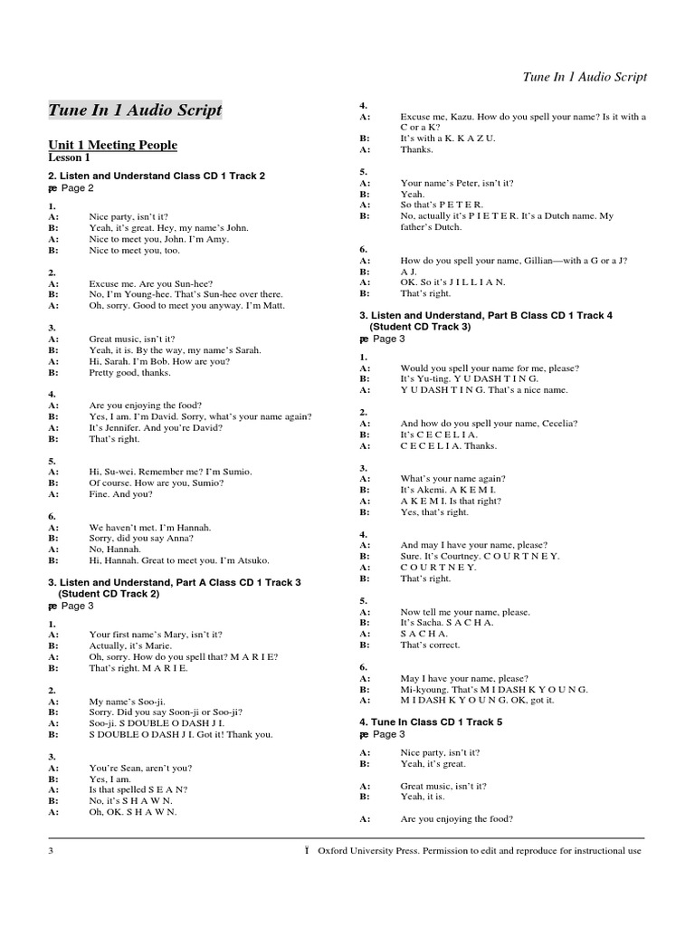 Tune In 1 Audio Script Overview | PDF | Language Arts & Discipline