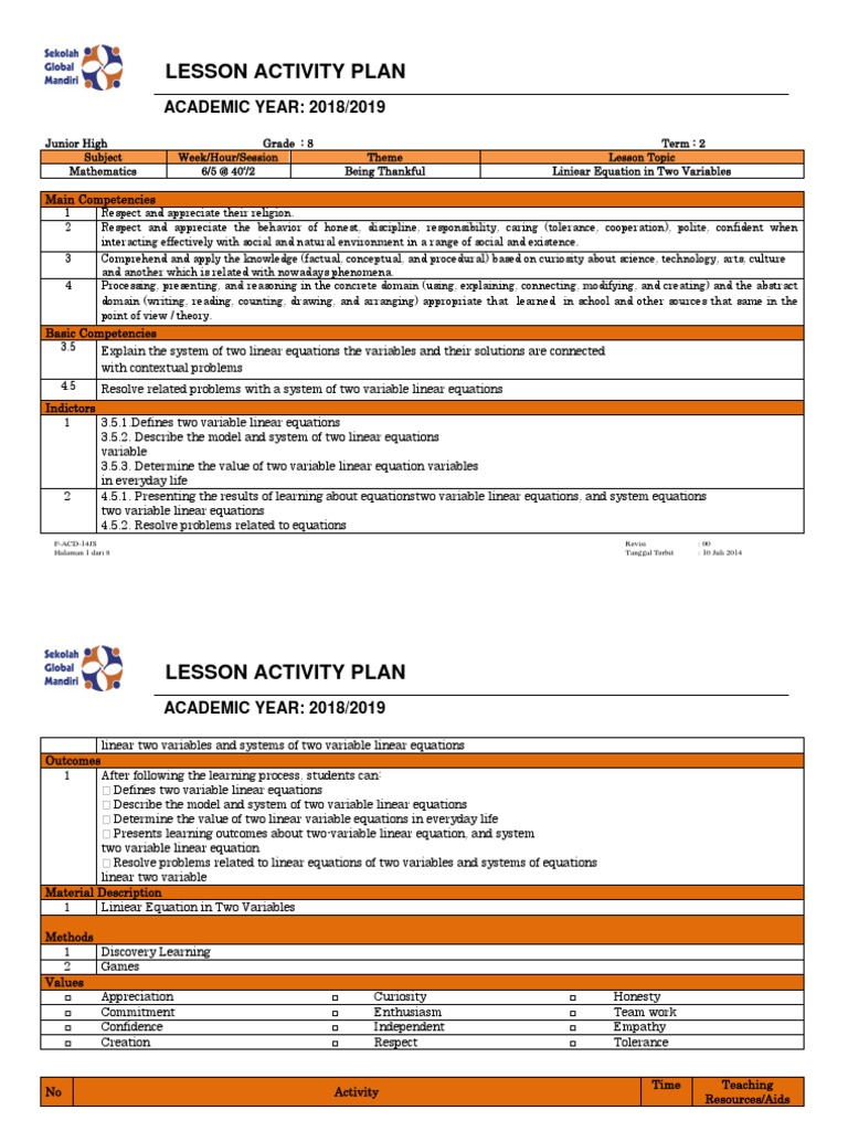 8th Grade Math Lesson Plan: Linear Equations | PDF | Equations ...