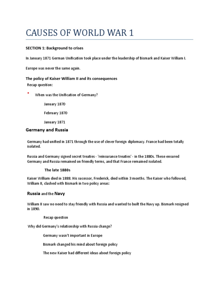 Causes of World War 1 | PDF | Allies Of World War I | Otto Von Bismarck