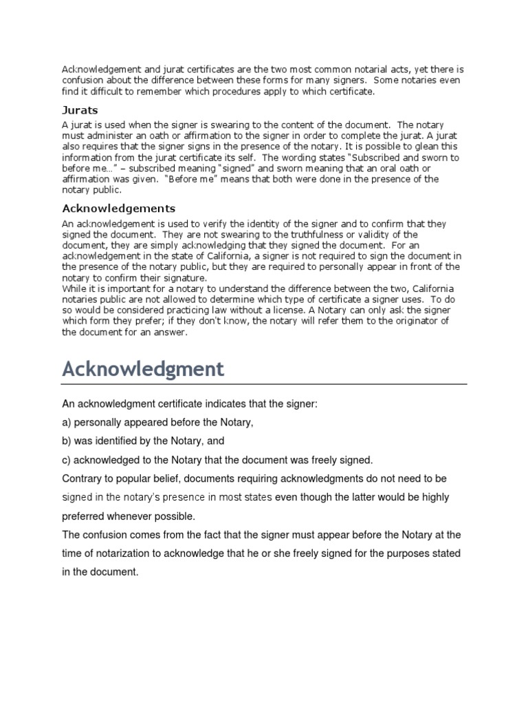 The Difference Between Acknowledgements and Jurats A Guide for