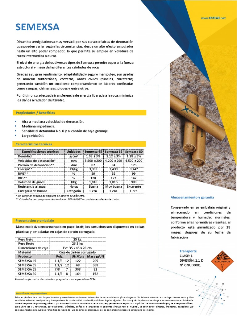 Dinamita Semexsa: Especificaciones Técnicas | PDF | Naturaleza | Materiales
