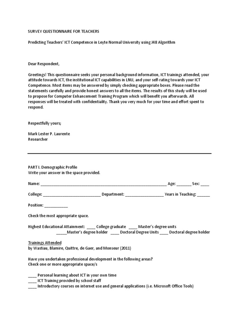 Survey Questionnaire For Teachers | PDF | Online And Offline ...