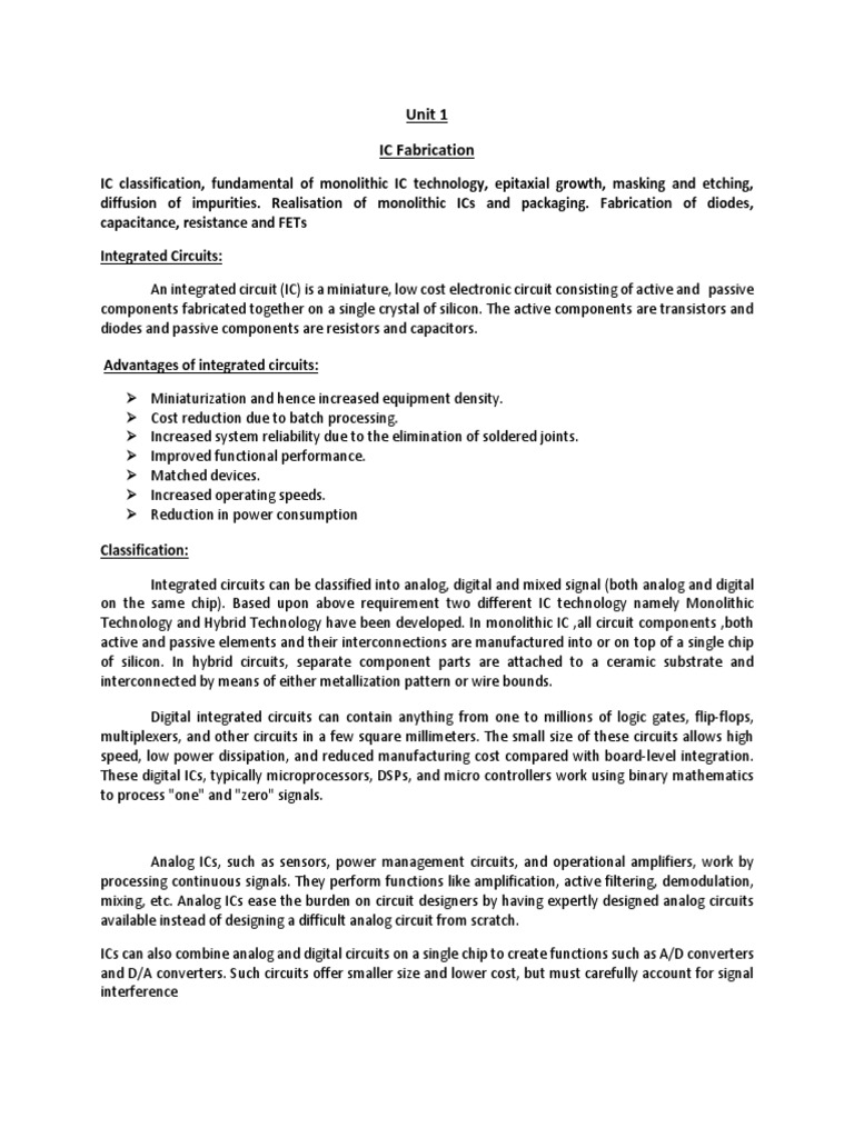 Unit 1 IC Fabrication Advantages of Integrated Circuits PDF