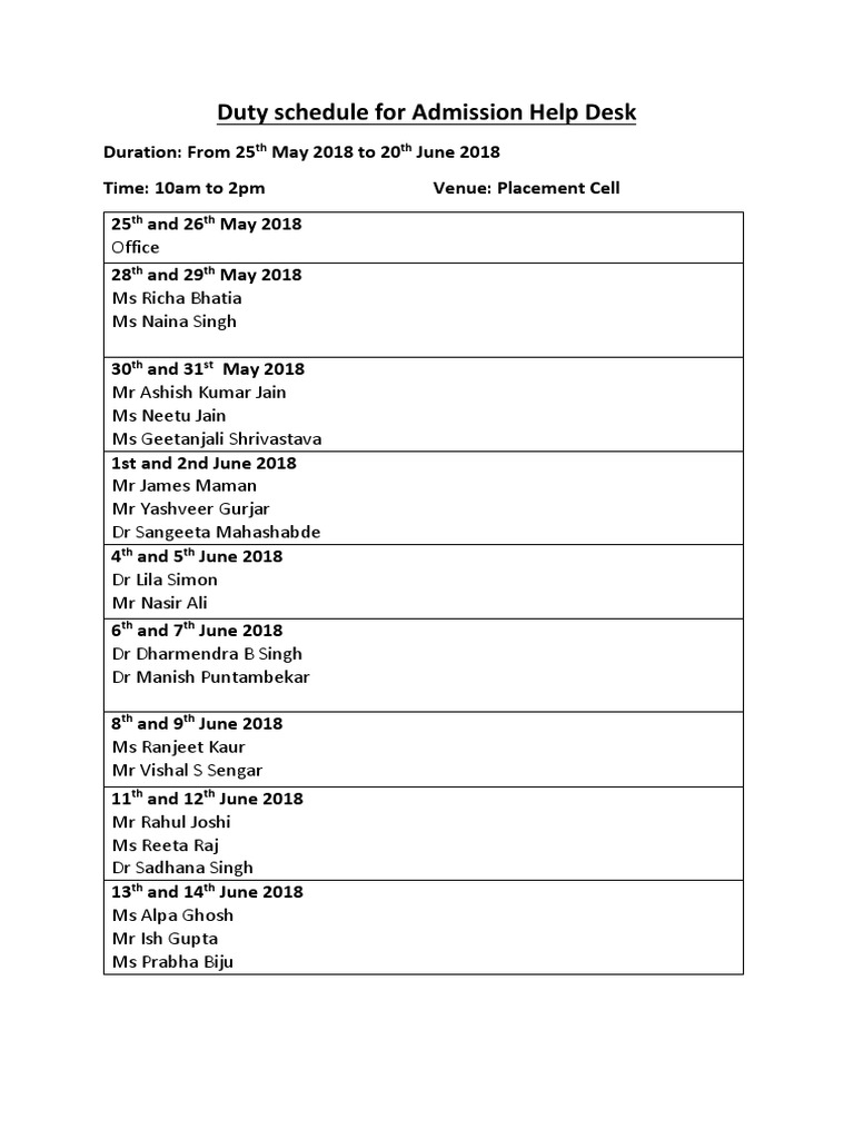 Admission Help Desk Duty Schedule 2018 PDF