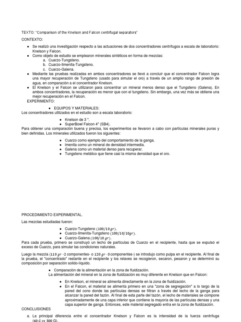 Comparativa Knelson vs Falcon en minería | PDF | Densidad | Tungsteno