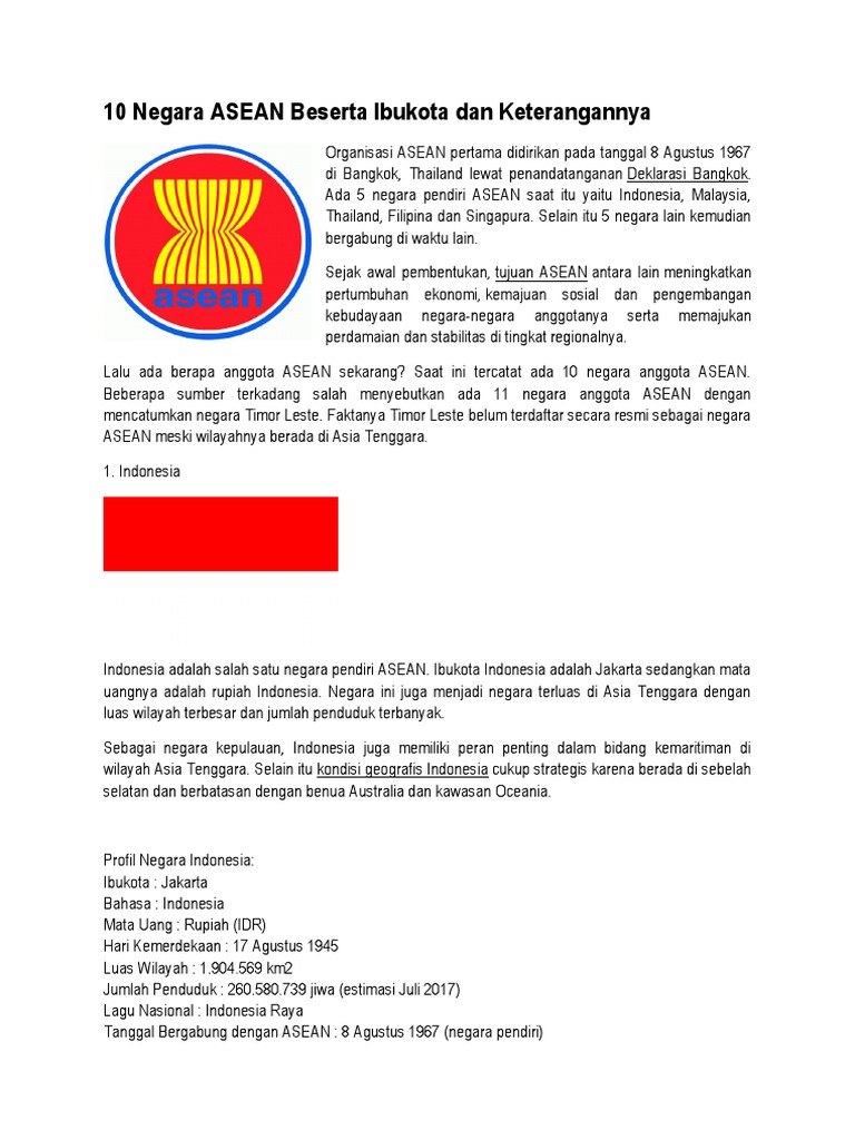 10 Negara Asean Beserta Ibukota Dan Keterangannya