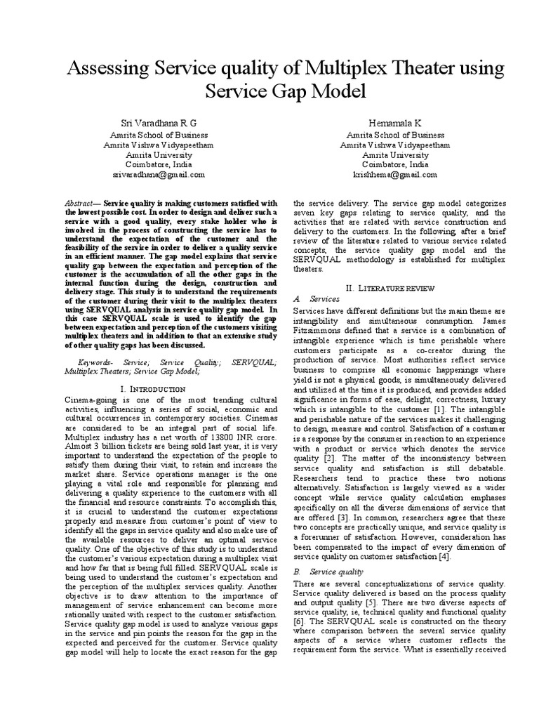 Assessing Service Quality of Multiplex Theater Using Assessing Service