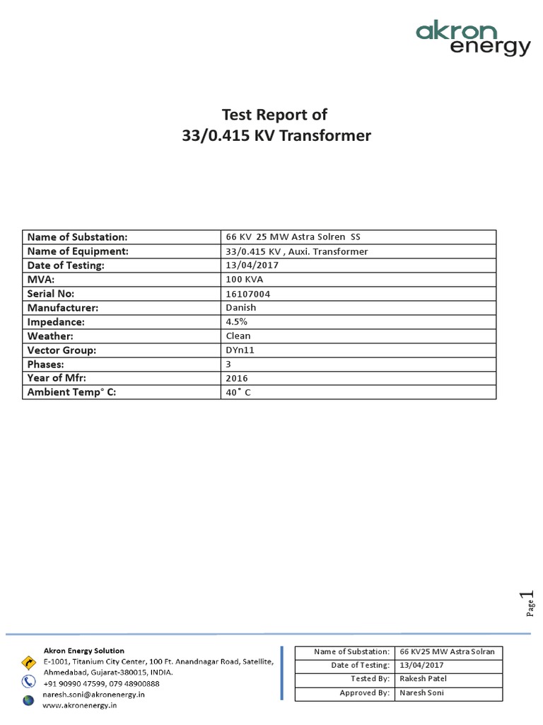33/0.415 KV Transformer Test Report | PDF | Transformer | Electrical ...