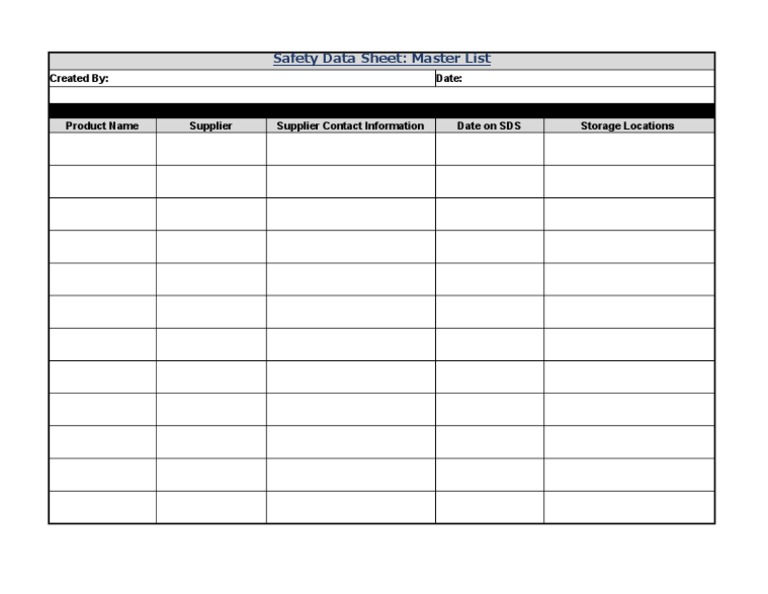 Safety Data Sheet Master List Template | PDF