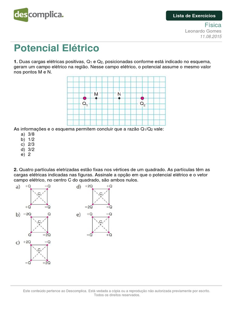 Exercícios sobre Potencial Elétrico em Física | PDF | Campo elétrico ...