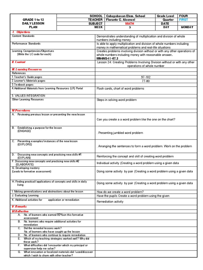Grade 4 Math DLP: Division Problems | PDF | Teachers | Learning