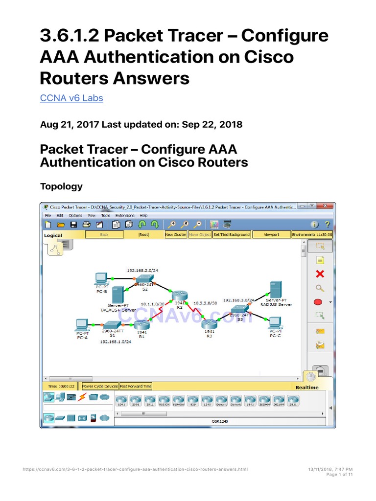 3.6.1.2 Packet Tracer Configure AAA Authentication on Cisco Routers Answers Radius Secure