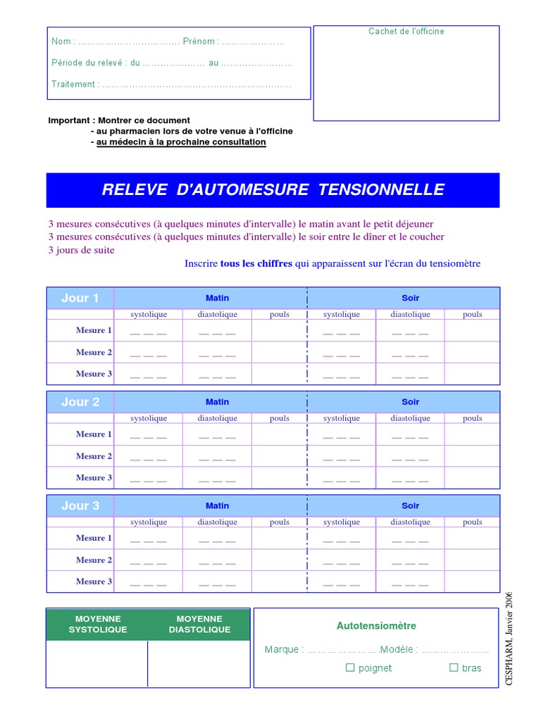 Fiche Automesure Releve Dautomesure Tensionnelle A Imprimer