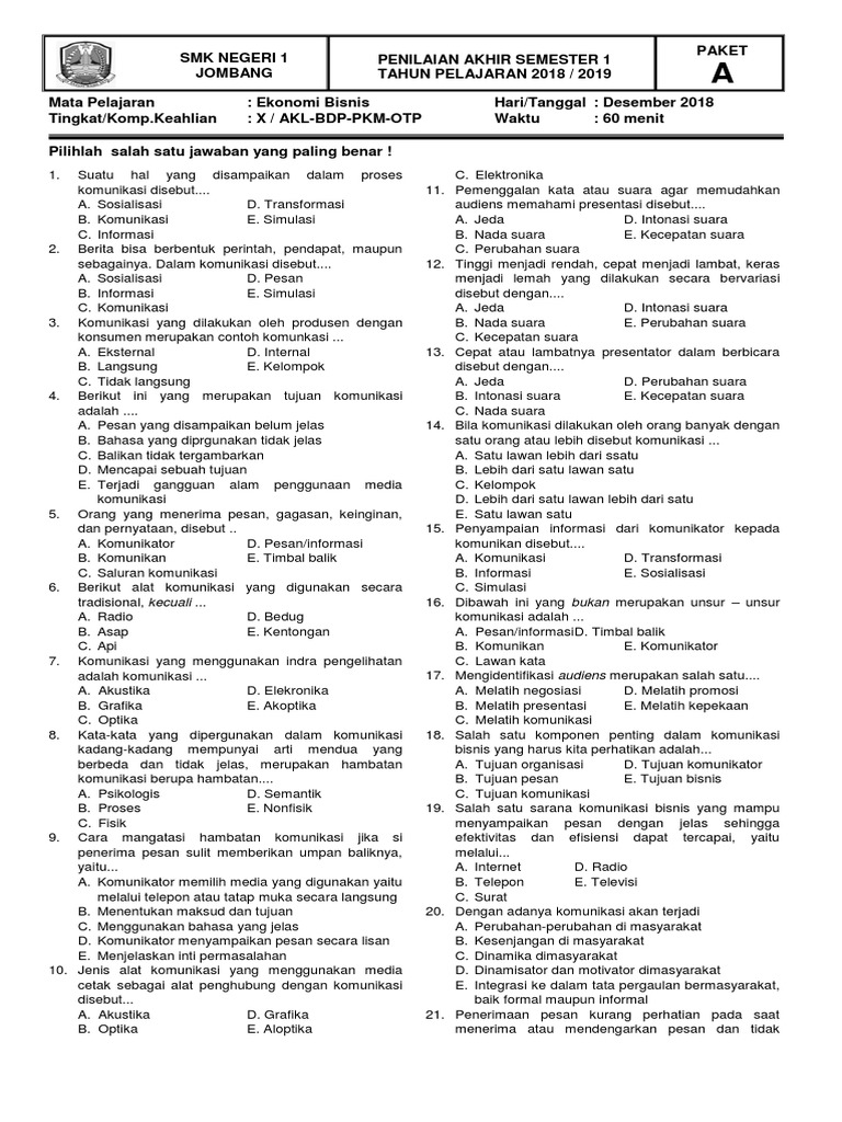 Soal Komunikasi Bisnis Smk Bismen Paket A