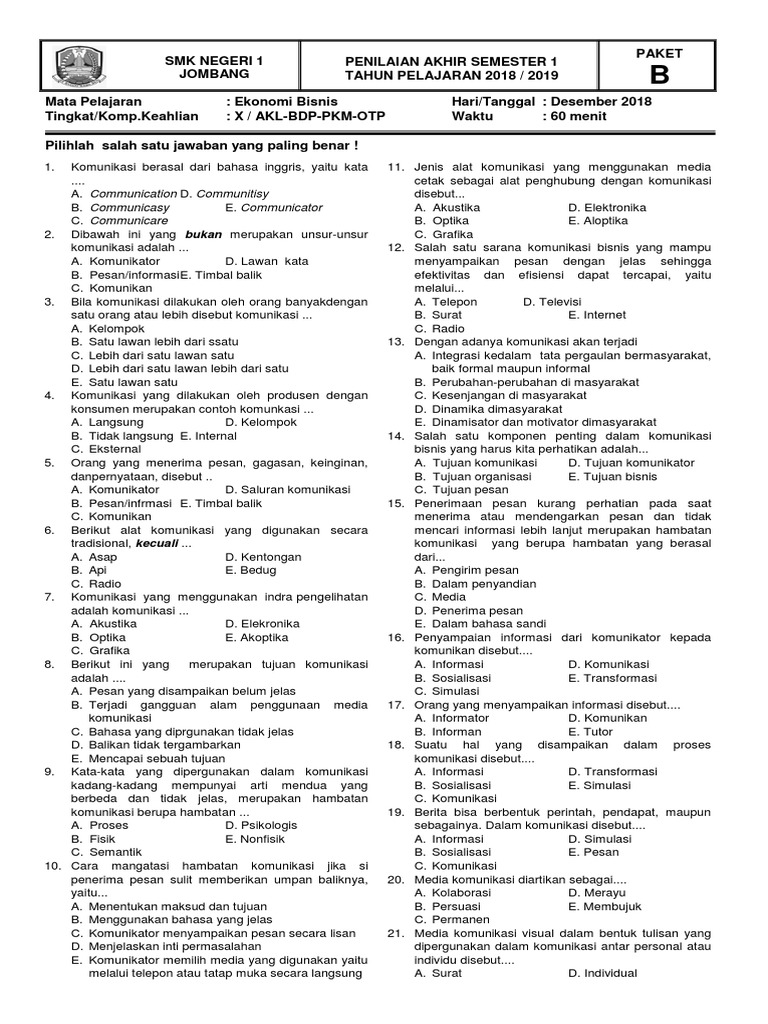 Soal Komunikasi Bisnis SMK Bismen Paket B