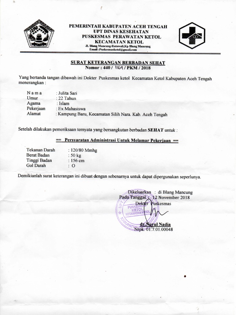 Contoh Surat Keterangan Sehat