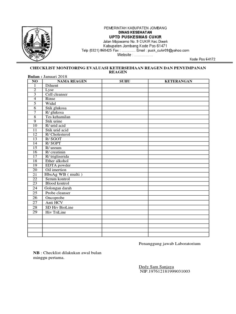 Checklist Monitoring Evaluasi Ketersediaan Reagen Dan Penyimpanan
