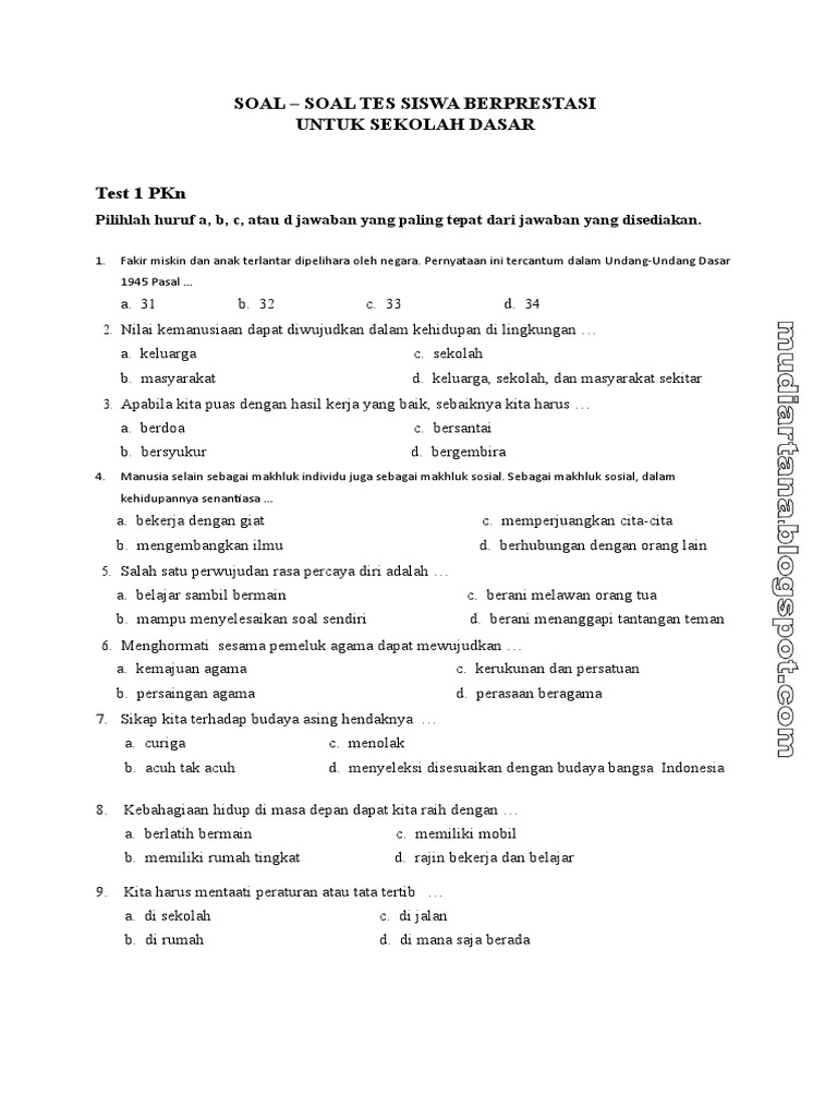 Soal Siswa Berprestasi Tingkat Sd