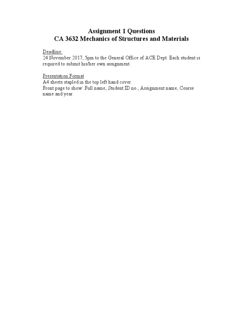CA3632.Assignment 1 Questions. 2017 PDF | PDF | Beam (Structure) | Bending