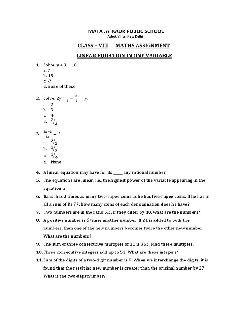 Linear Equations in One Variable | PDF
