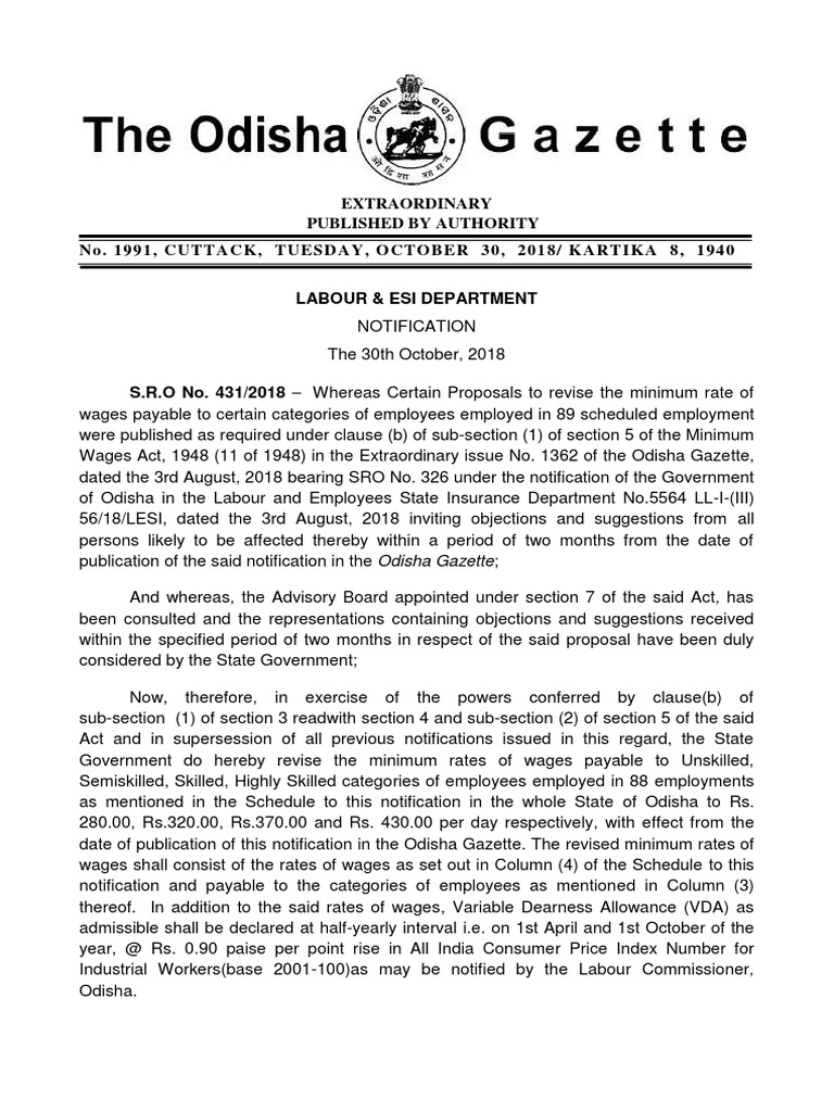 Odisha Minimum Wages Notifaction PDF | PDF | Factory | Employment