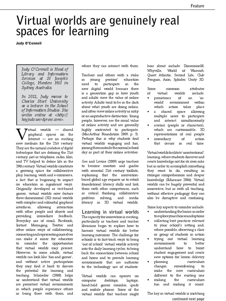 Learning in Virtual Worlds: Opportunities | PDF | Virtual World ...