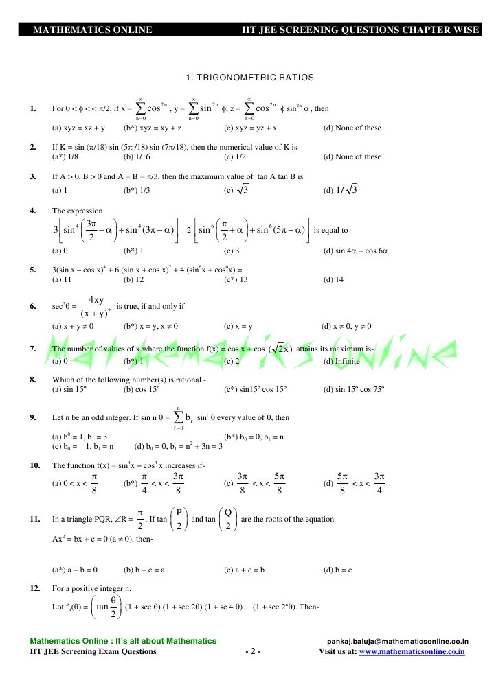 IIT JEE Screening Exam Questions | PDF | Sine | Triangle