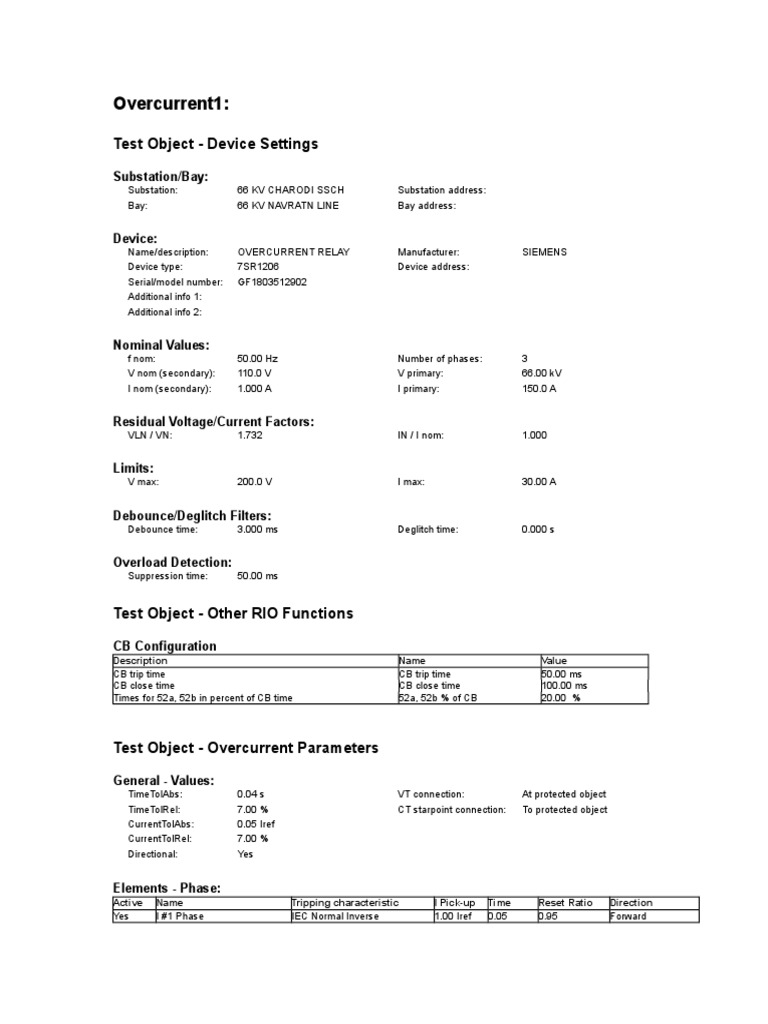 Overcurrent1:: Test Object - Device Settings | PDF | Electrical ...