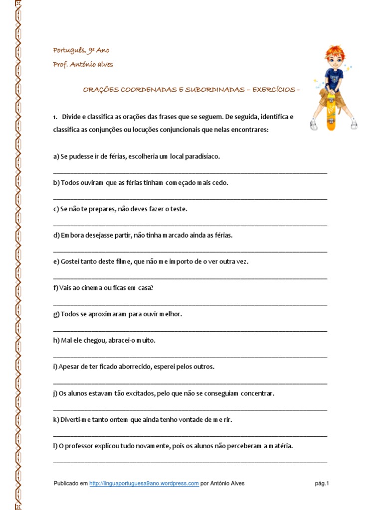 Orações Coordenadas e Subordinadas - Exercícios II (Blog9 15-16) | PDF ...