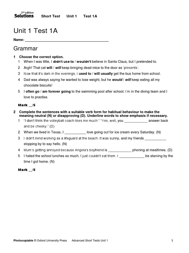 Short Test Unit 1 1A+2A | PDF | Linguistics | Grammar