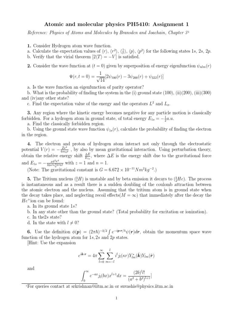 Atomic and Molecular Physics PH5410 Assignment 1 PDF Atoms