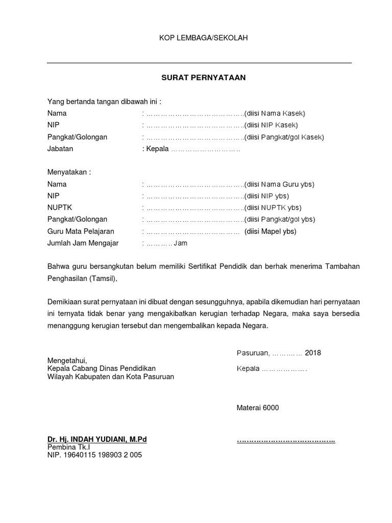 Surat Pernyataan Belum Memiliki Sertifikat Pendidik Pdf