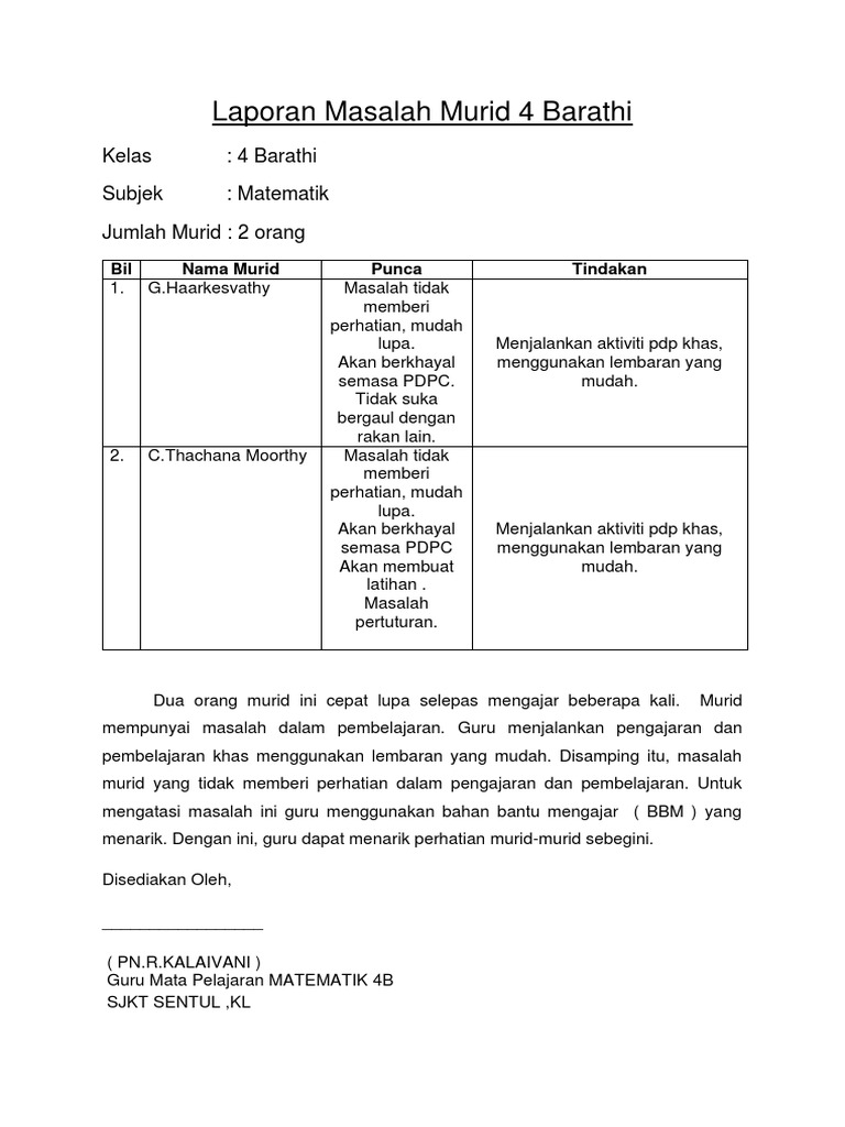 Laporan Masalah Murid 4 Barathi Docx