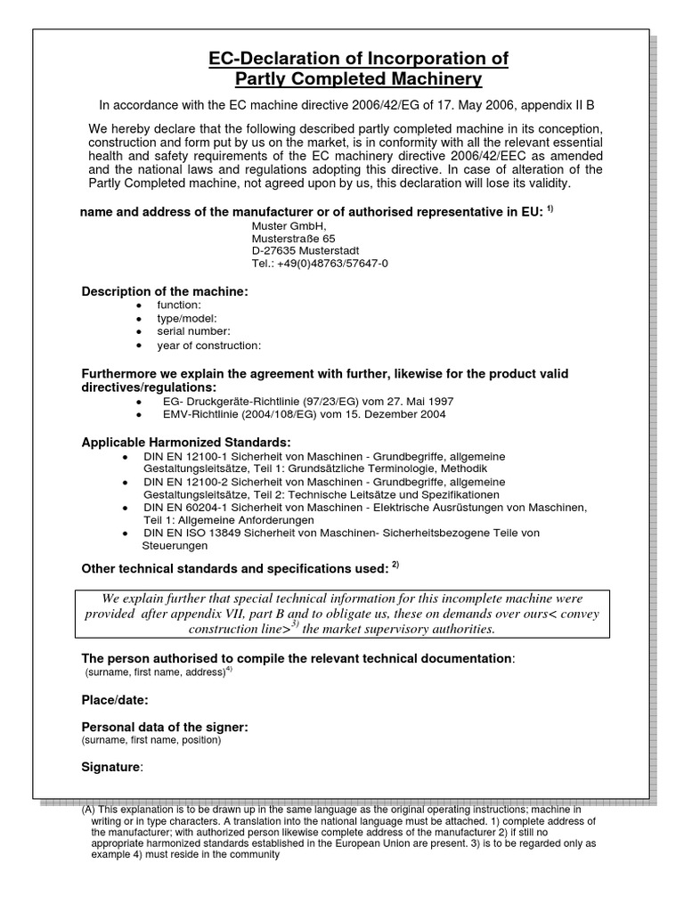 EC-Declaration of Incorporation of Partly Completed Machinery | PDF ...