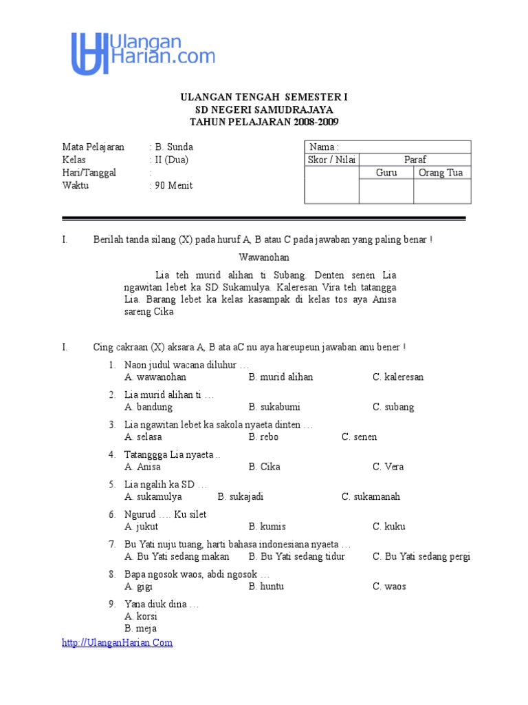 Soal Ulangan Bahasa Indonesia Kelas 6 Semester 1