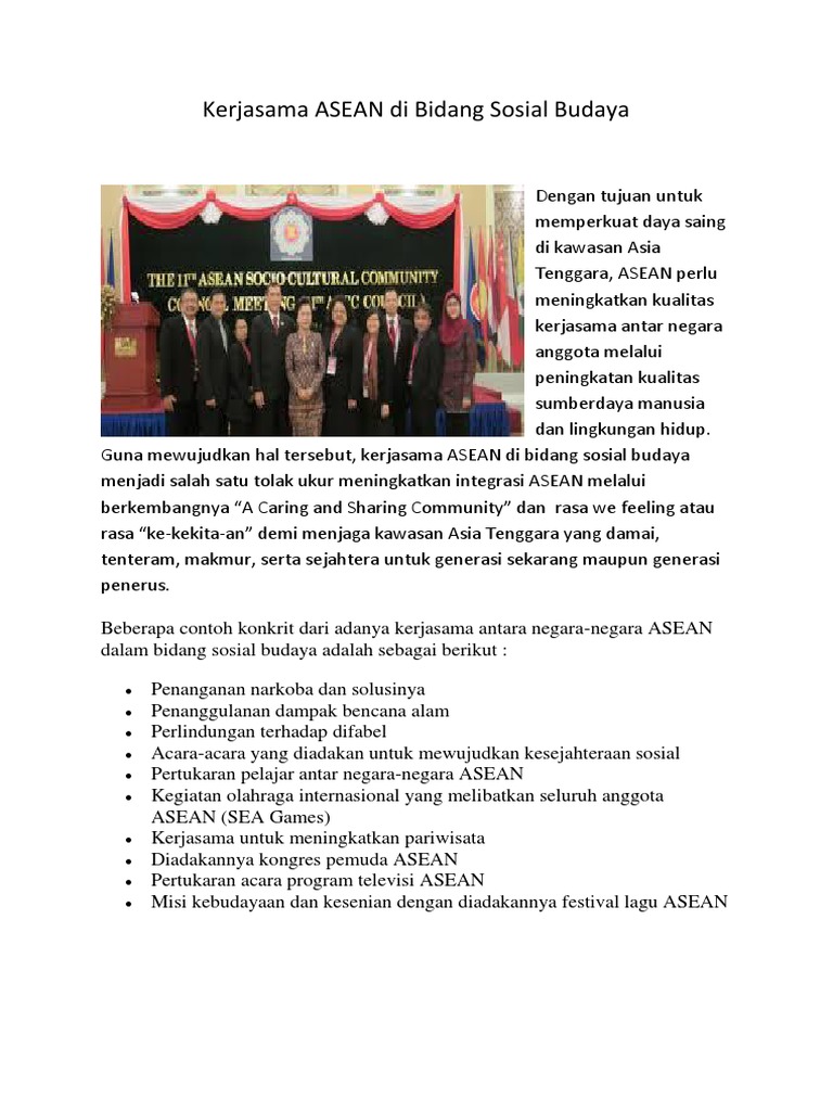 Kerjasama Asean Di Bidang Sosial Budaya Pdf