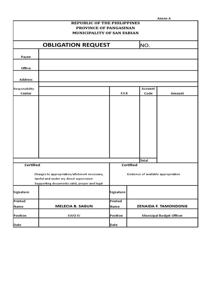 Obligation Request Republic of The Philippines Province of Pangasinan
