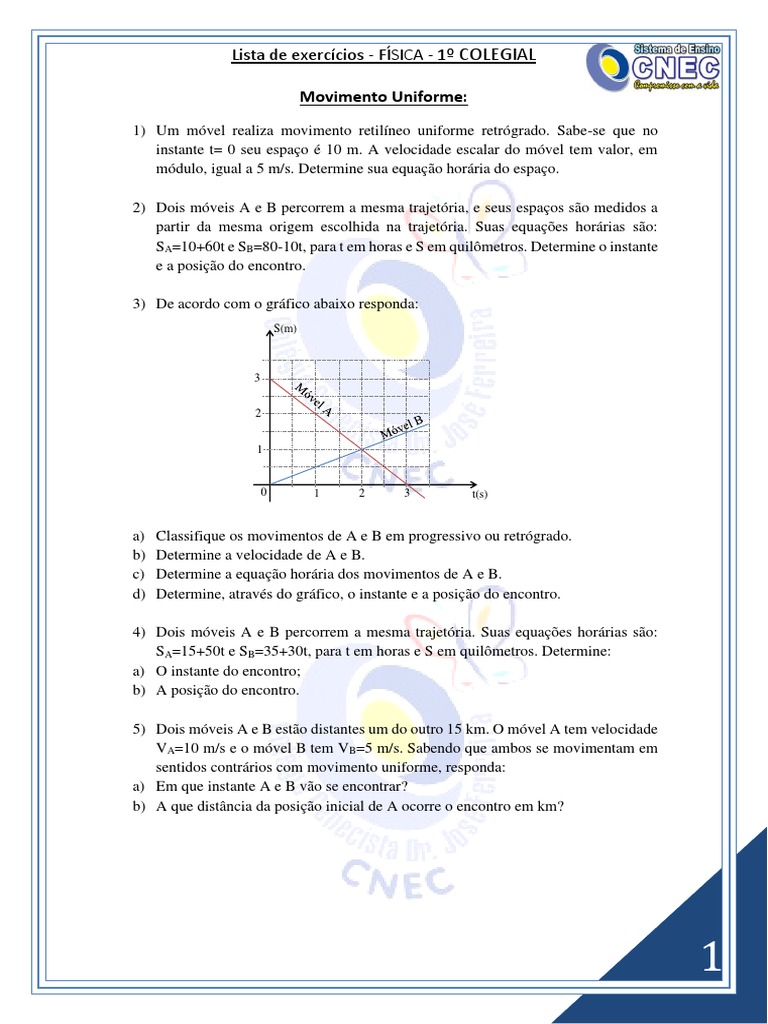 Lista de exercícios sobre movimento uniforme com questões desafiadoras ...