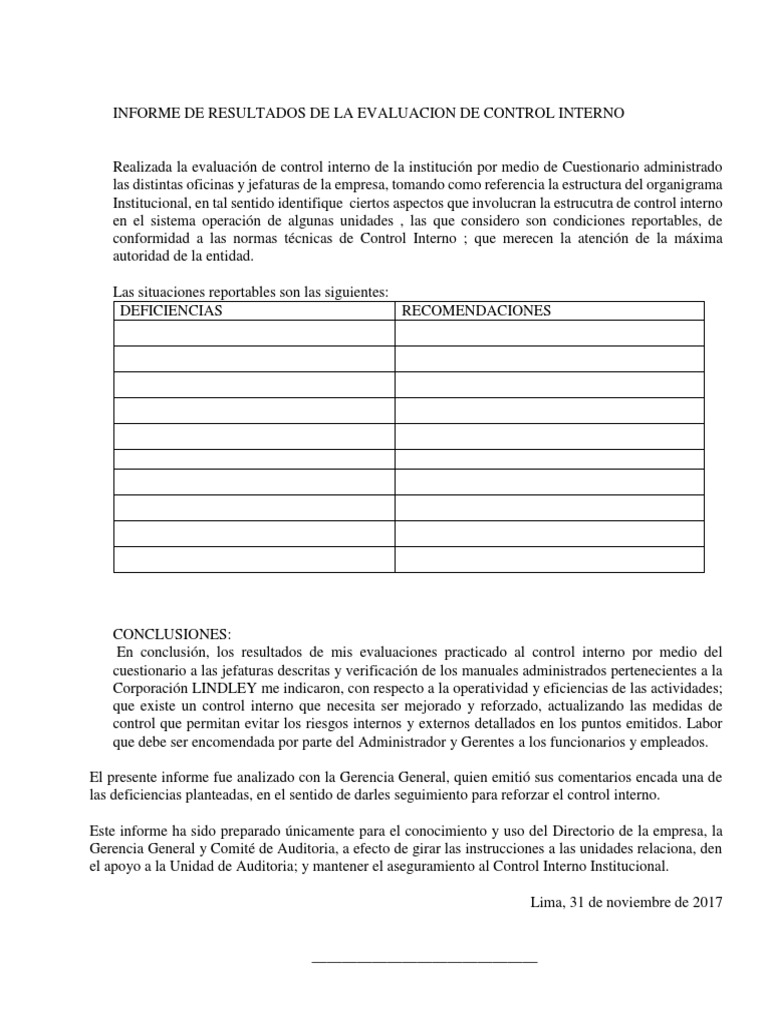 Informe de Evaluación de Control Interno | PDF