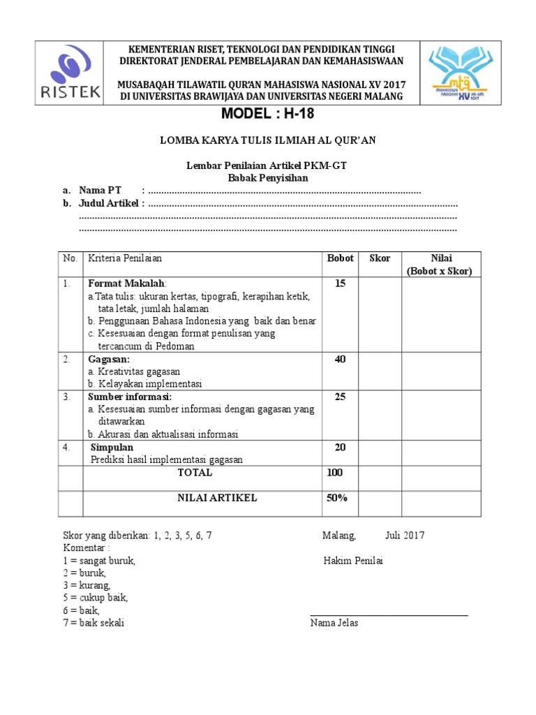 Blangko Penilaian Bidang Karya Tulis Ilmiah Al Qur An