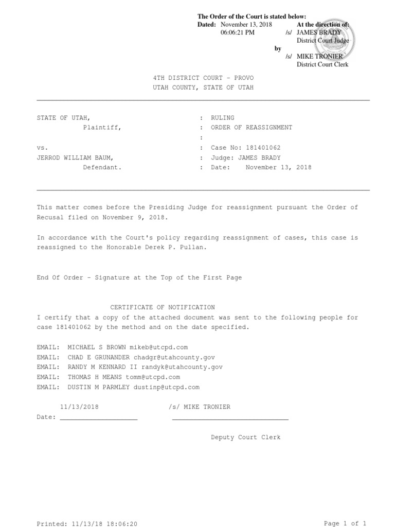 Reassignment Order for Jerrod Baum Case | PDF