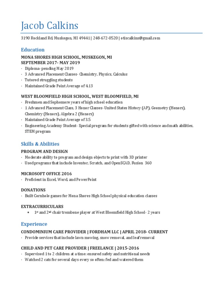 Jacob Calkins: Education & Skills Profile | PDF