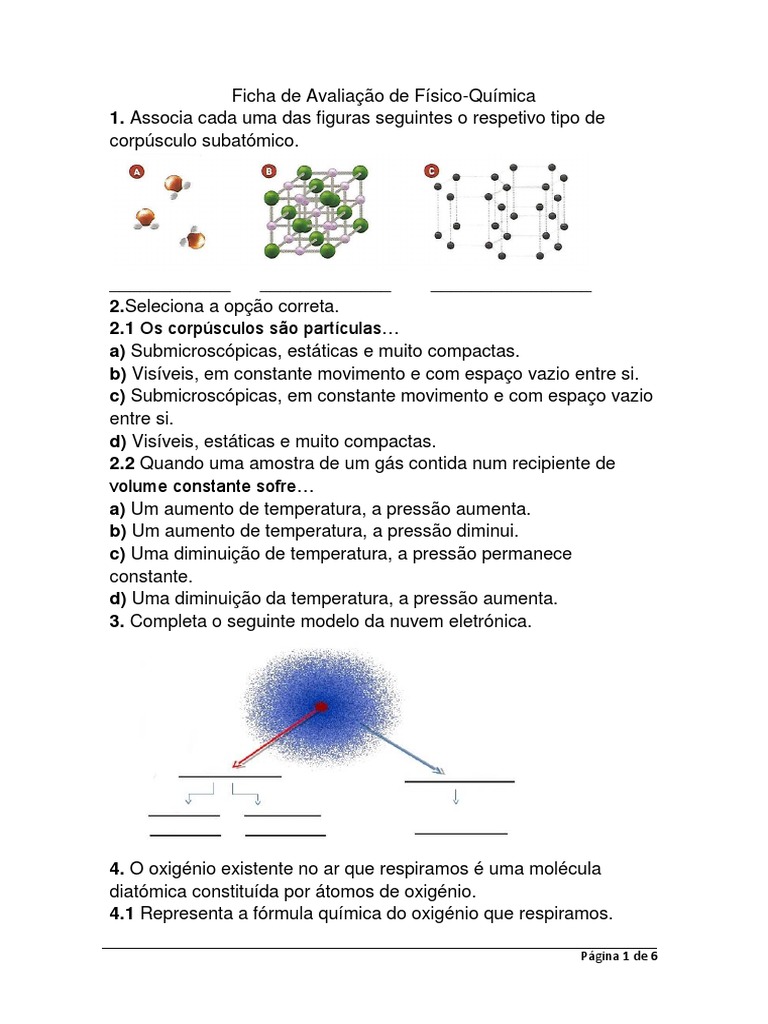 1 Ficha de Avaliação de Físico-Química 8ºano | PDF | Gases | Átomos