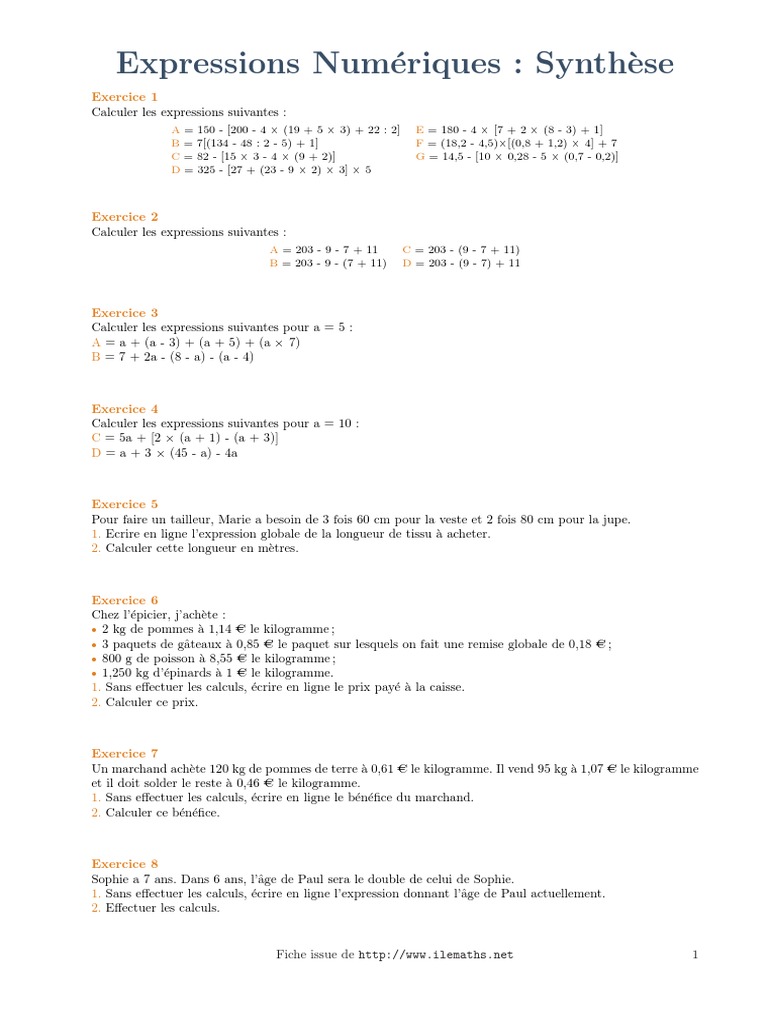 Exercices sur les expressions numériques | PDF | La nature
