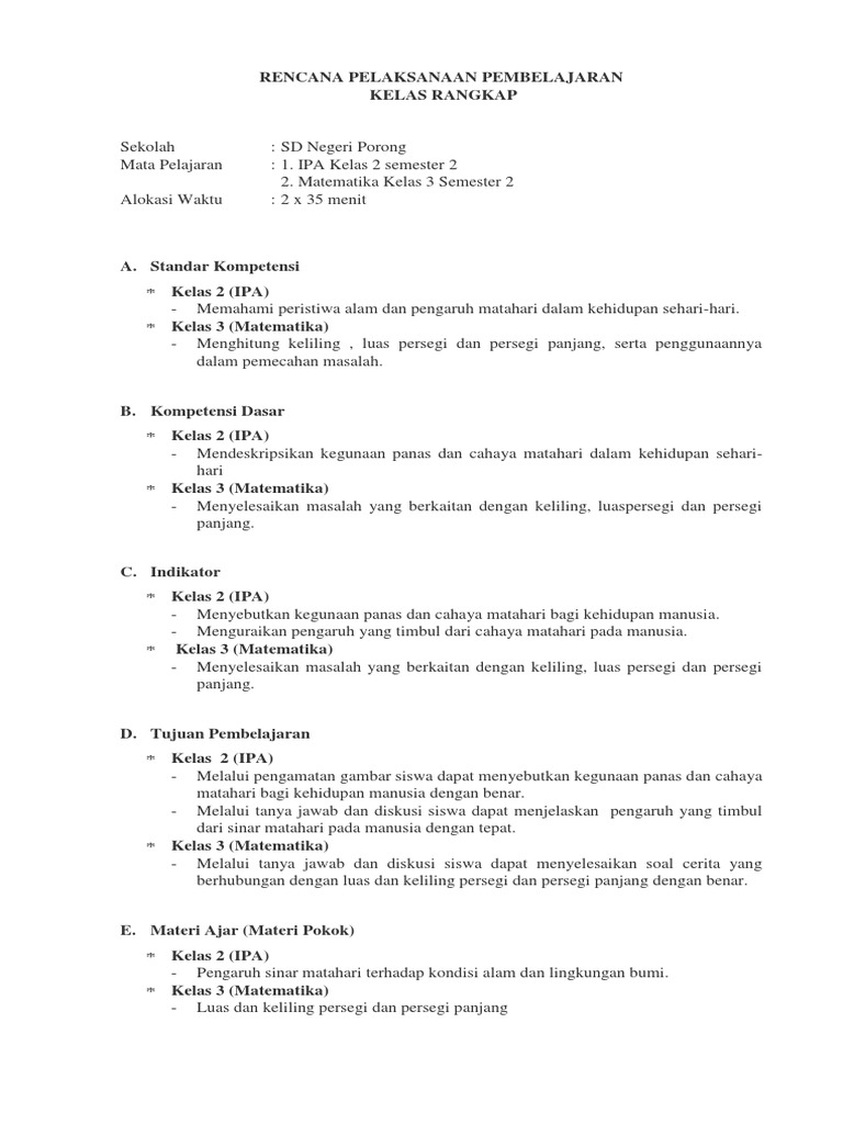 Rpp Pembelajaran Kelas Rangkap Model 211 Kelas 2 Dan 3 Revisi Sekolah